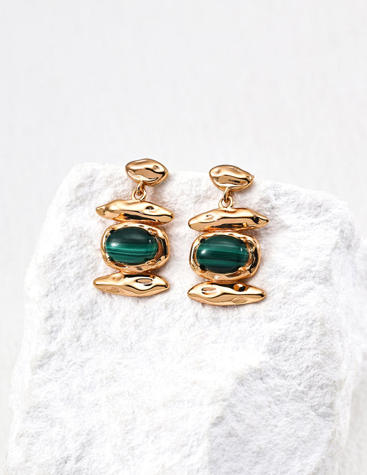 【Designer Style】Secret Feather Earrings | S925 Silver Vintage Gold Natural Malachite