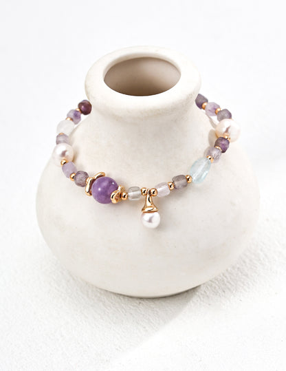 Ocean Whisper Bracelet | S925 Silver, Natural Pearl, Amethyst, Ice-clear Aquamarine