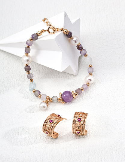 Ocean Whisper Bracelet | S925 Silver, Natural Pearl, Amethyst, Ice-clear Aquamarine