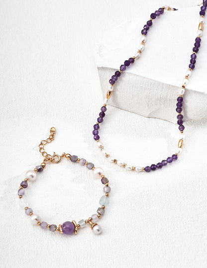 Ocean Whisper Bracelet | S925 Silver, Natural Pearl, Amethyst, Ice-clear Aquamarine