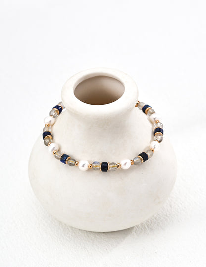 Tears of the Stars Bracelet｜S925 Vintage Gold Gray Moonlight Lapis Lazuli Pearl