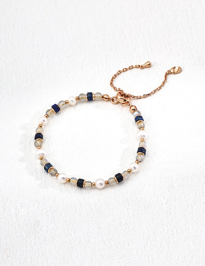 Tears of the Stars Bracelet｜S925 Vintage Gold Gray Moonlight Lapis Lazuli Pearl