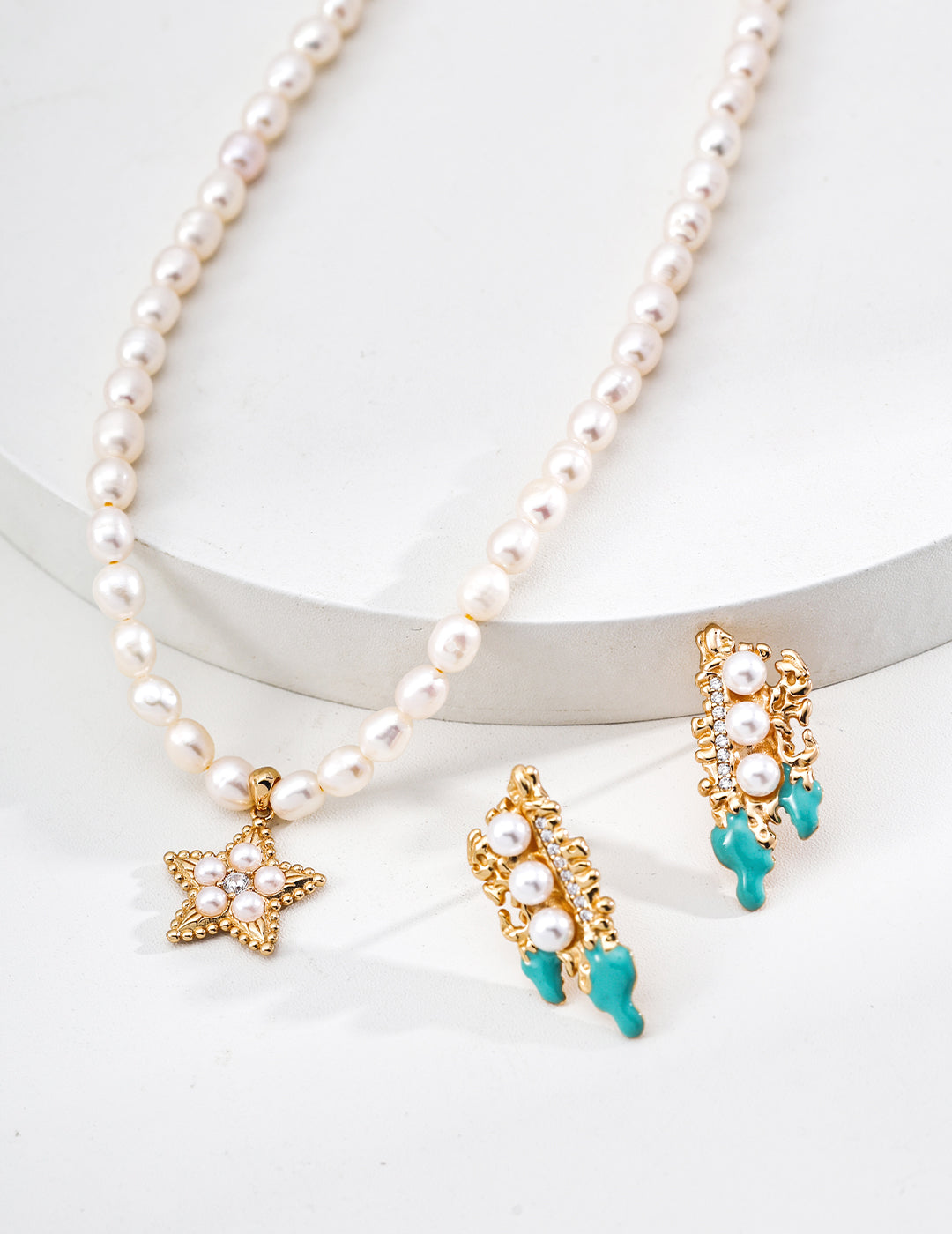 Star glaze earrings | S925 silver vintage gold imitation pearl drip glaze zircon