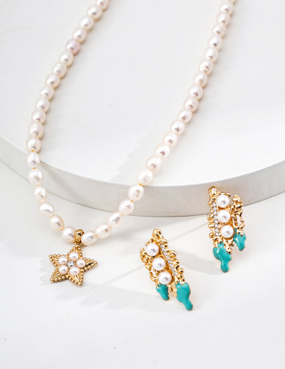 Star glaze earrings | S925 silver vintage gold imitation pearl drip glaze zircon