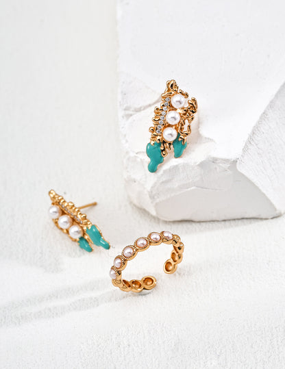 Star glaze earrings | S925 silver vintage gold imitation pearl drip glaze zircon