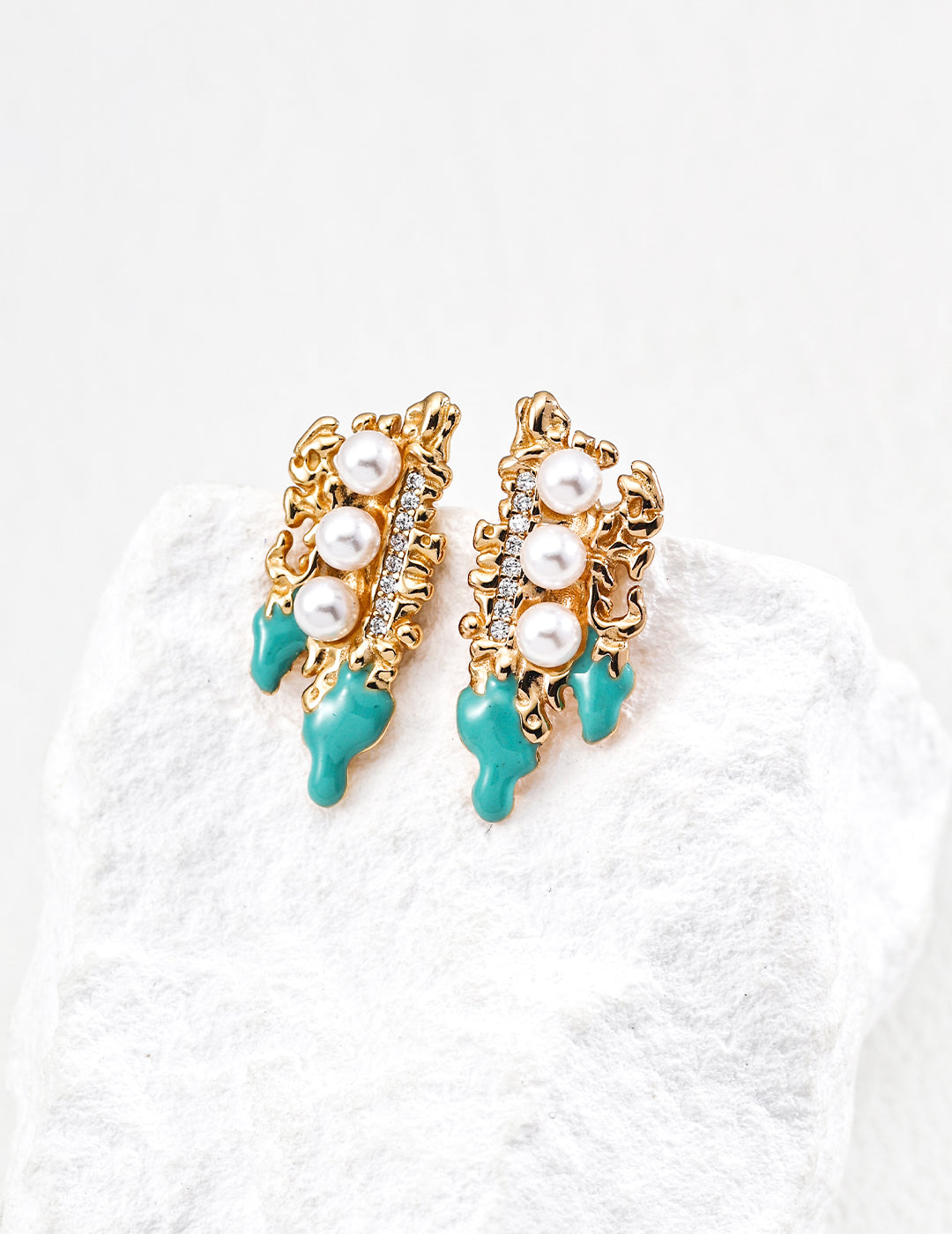 Star glaze earrings | S925 silver vintage gold imitation pearl drip glaze zircon