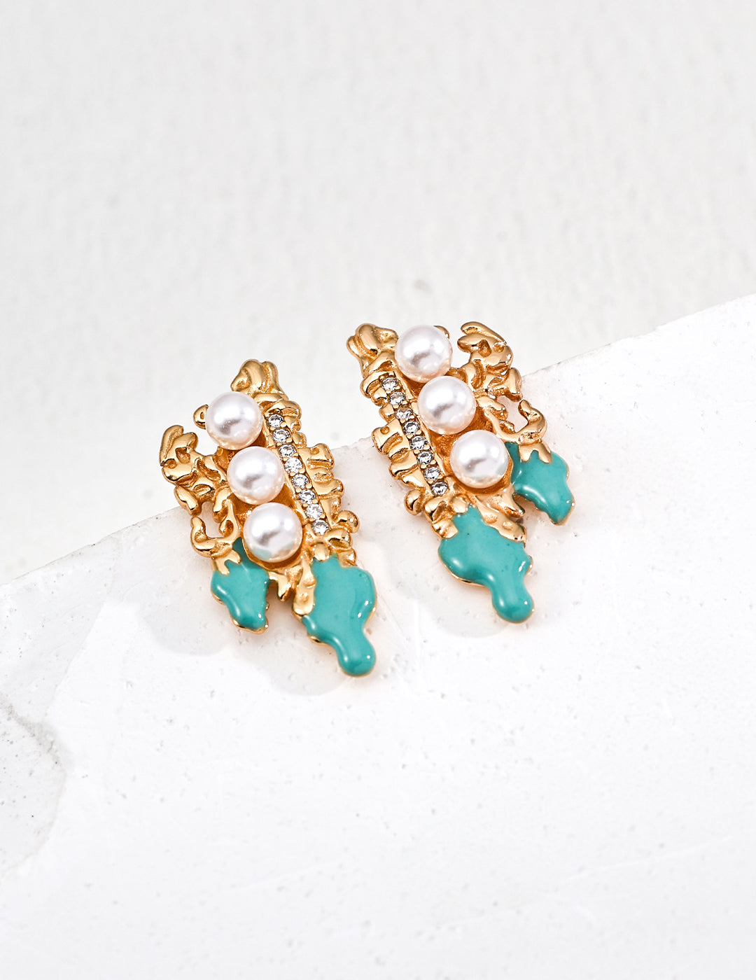 Star glaze earrings | S925 silver vintage gold imitation pearl drip glaze zircon