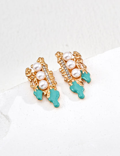 Star glaze earrings | S925 silver vintage gold imitation pearl drip glaze zircon