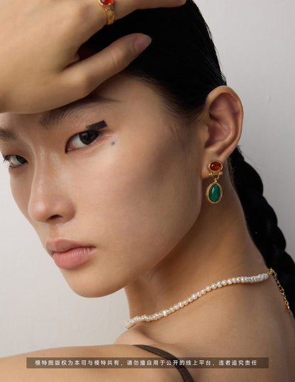 S925 Silver Malachite & Carnelian Earrings – Vintage Gold Elegance