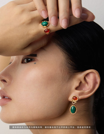 S925 Silver Malachite & Carnelian Earrings – Vintage Gold Elegance