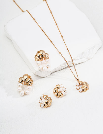 Starry Sky Whispering Set｜S925 Vintage Gold Pearl Necklace + Earrings