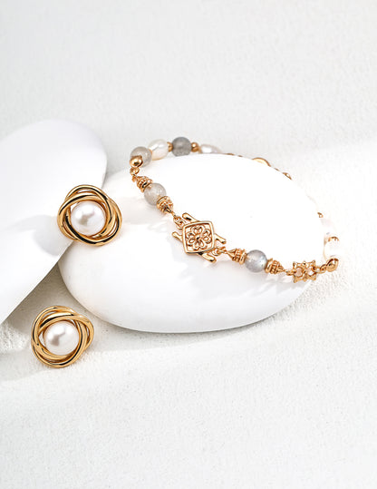 Star and Moon Bracelet｜S925 Vintage Gold Pearl Moonstone