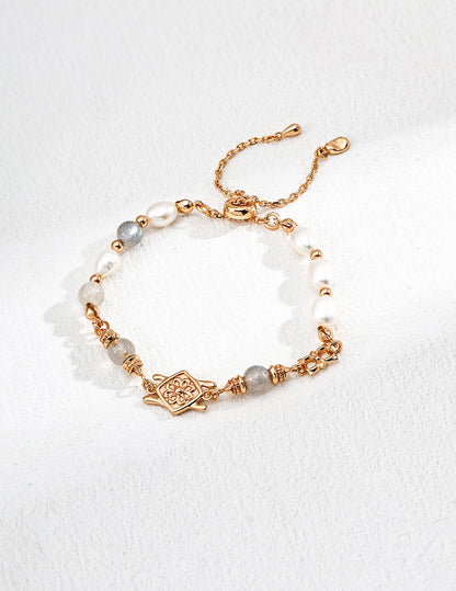 Star and Moon Bracelet｜S925 Vintage Gold Pearl Moonstone