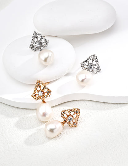 Celestial Radiance Earrings｜S925 Silver  Pearl Zirconia in Vintage Gold & Platinum