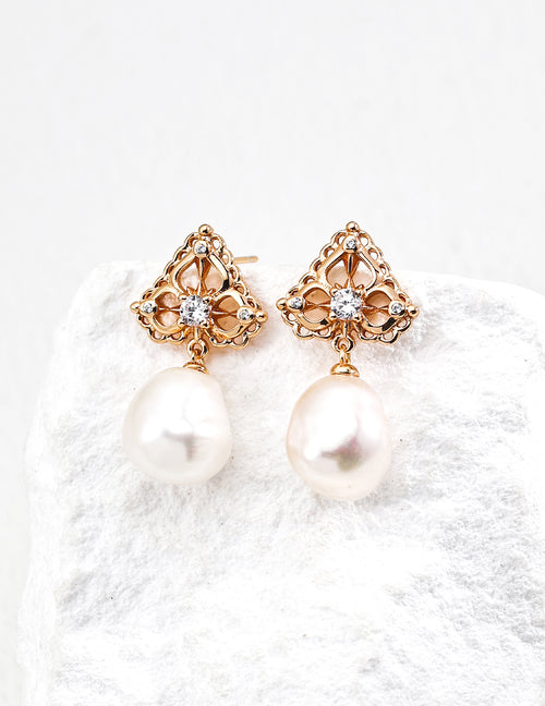 Celestial Radiance Earrings｜S925 Silver  Pearl Zirconia in Vintage Gold & Platinum