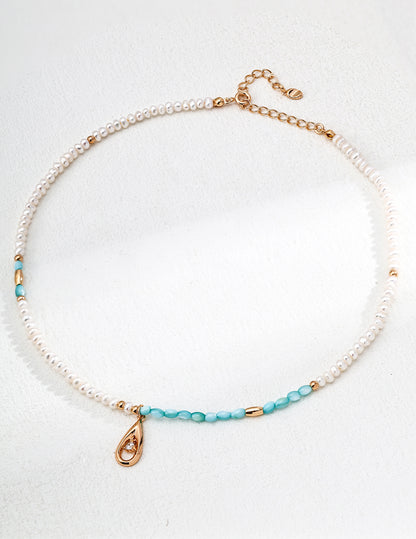 Cosmic Glow Necklace｜S925 Silver  Pearl Blue Mother of Pearl & Zirconia in Vintage Gold