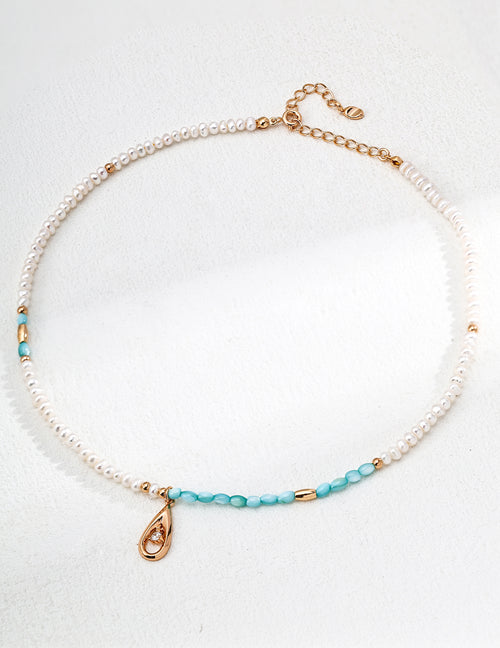 Cosmic Glow Necklace｜S925 Silver  Pearl Blue Mother of Pearl & Zirconia in Vintage Gold