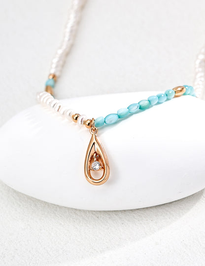 Cosmic Glow Necklace｜S925 Silver  Pearl Blue Mother of Pearl & Zirconia in Vintage Gold
