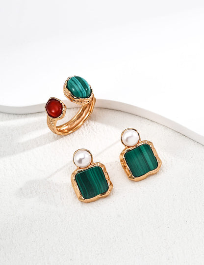 Elegant S925 Silver Pearl and Malachite Earrings