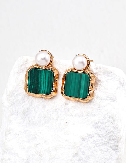 Elegant S925 Silver Pearl and Malachite Earrings