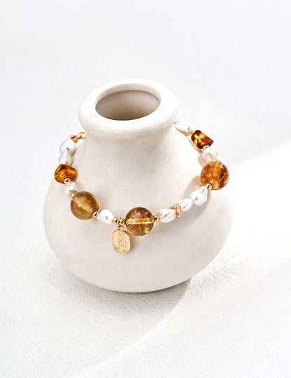 S925 Pearl & Citrine Bracelet – Vintage Gold Vermeil Talisman