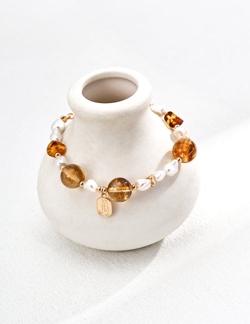 S925 Pearl & Citrine Bracelet – Vintage Gold Vermeil Talisman