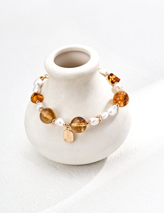 S925 Pearl & Citrine Bracelet – Vintage Gold Vermeil Talisman