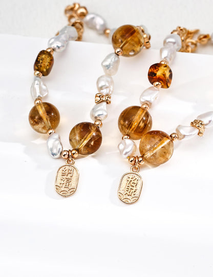 S925 Pearl & Citrine Bracelet – Vintage Gold Vermeil Talisman