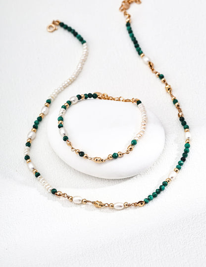S925 Silver Pearl & Malachite Necklace – 18KT Yellow Gold Vermeil Elegance