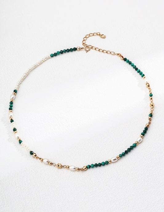 S925 Silver Pearl & Malachite Necklace – 18KT Yellow Gold Vermeil Elegance
