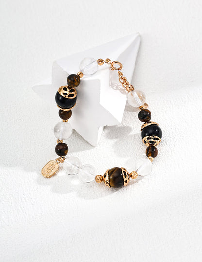 S925 Silver Tiger’s Eye & Black Onyx Crystal Bracelet – Vintage Gold Protection
