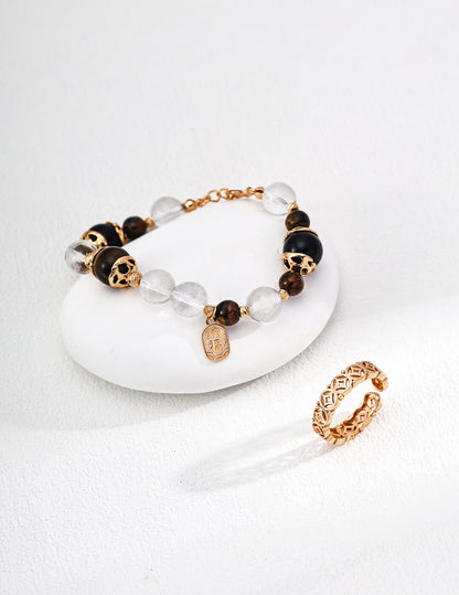 S925 Silver Tiger’s Eye & Black Onyx Crystal Bracelet – Vintage Gold Protection