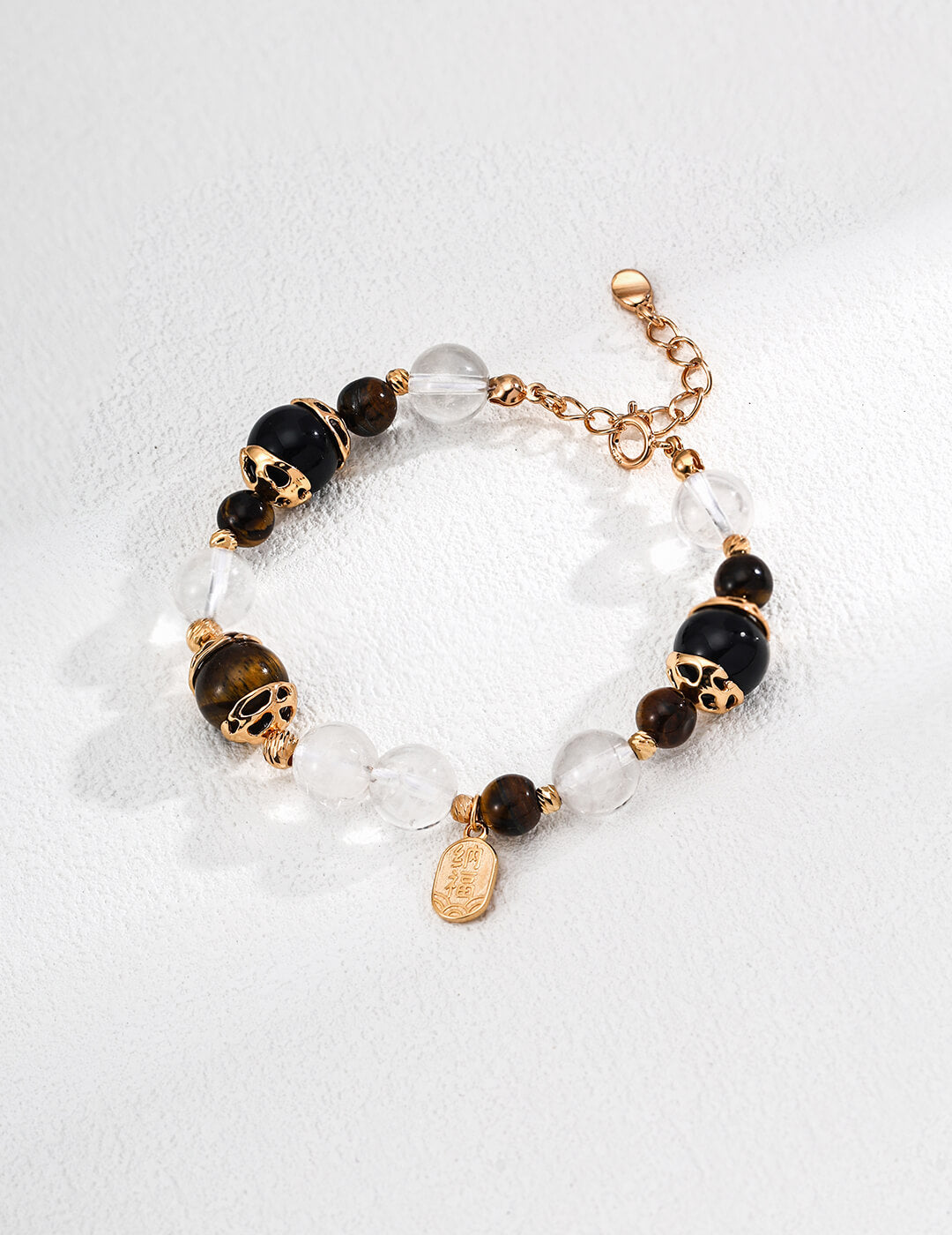 S925 Silver Tiger’s Eye & Black Onyx Crystal Bracelet – Vintage Gold Protection