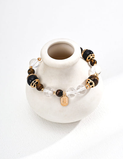 S925 Silver Tiger’s Eye & Black Onyx Crystal Bracelet – Vintage Gold Protection