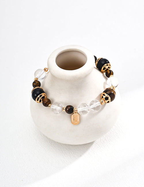 S925 Silver Tiger’s Eye & Black Onyx Crystal Bracelet – Vintage Gold Protection