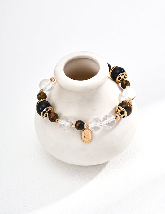 S925 Silver Tiger’s Eye & Black Onyx Crystal Bracelet – Vintage Gold Protection