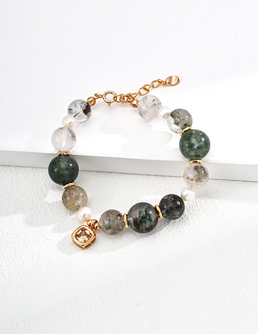 S925 Silver Moonlit Pearl & Phantom Quartz Bracelet – Vintage Gold Harmony