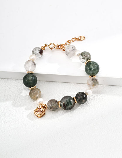 S925 Silver Moonlit Pearl & Phantom Quartz Bracelet – Vintage Gold Harmony