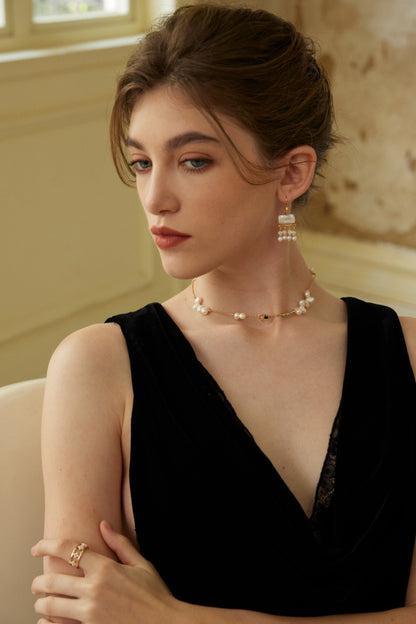 Freedom Star Track Necklace｜S925 Vintage Gold Black Agate Irregular Pearls