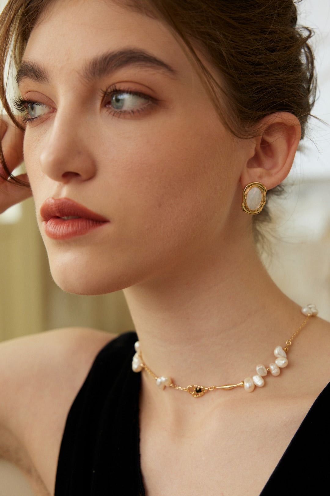 Freedom Star Track Necklace｜S925 Vintage Gold Black Agate Irregular Pearls