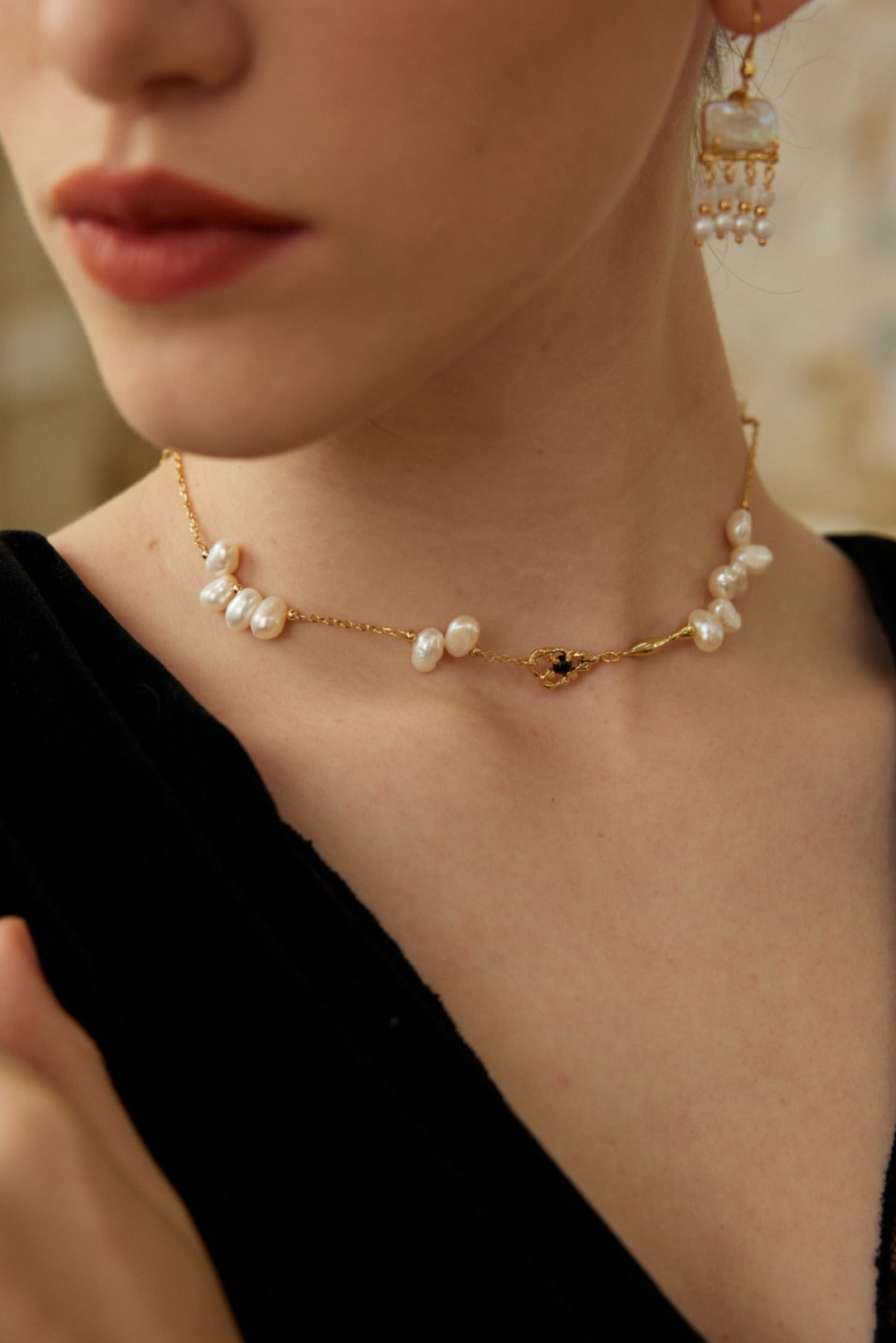 Freedom Star Track Necklace｜S925 Vintage Gold Black Agate Irregular Pearls