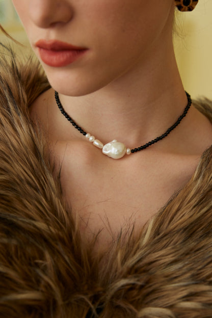 Dark Matter Starlink Nacklace｜S925 Vintage Gold Black Agate Baroque Pearl