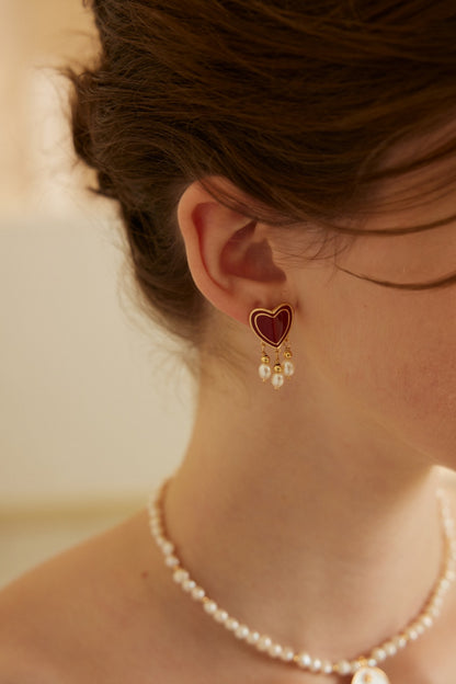 Poem of the Heart Earrings｜S925 Vintage Gold Red Glaze Pearls