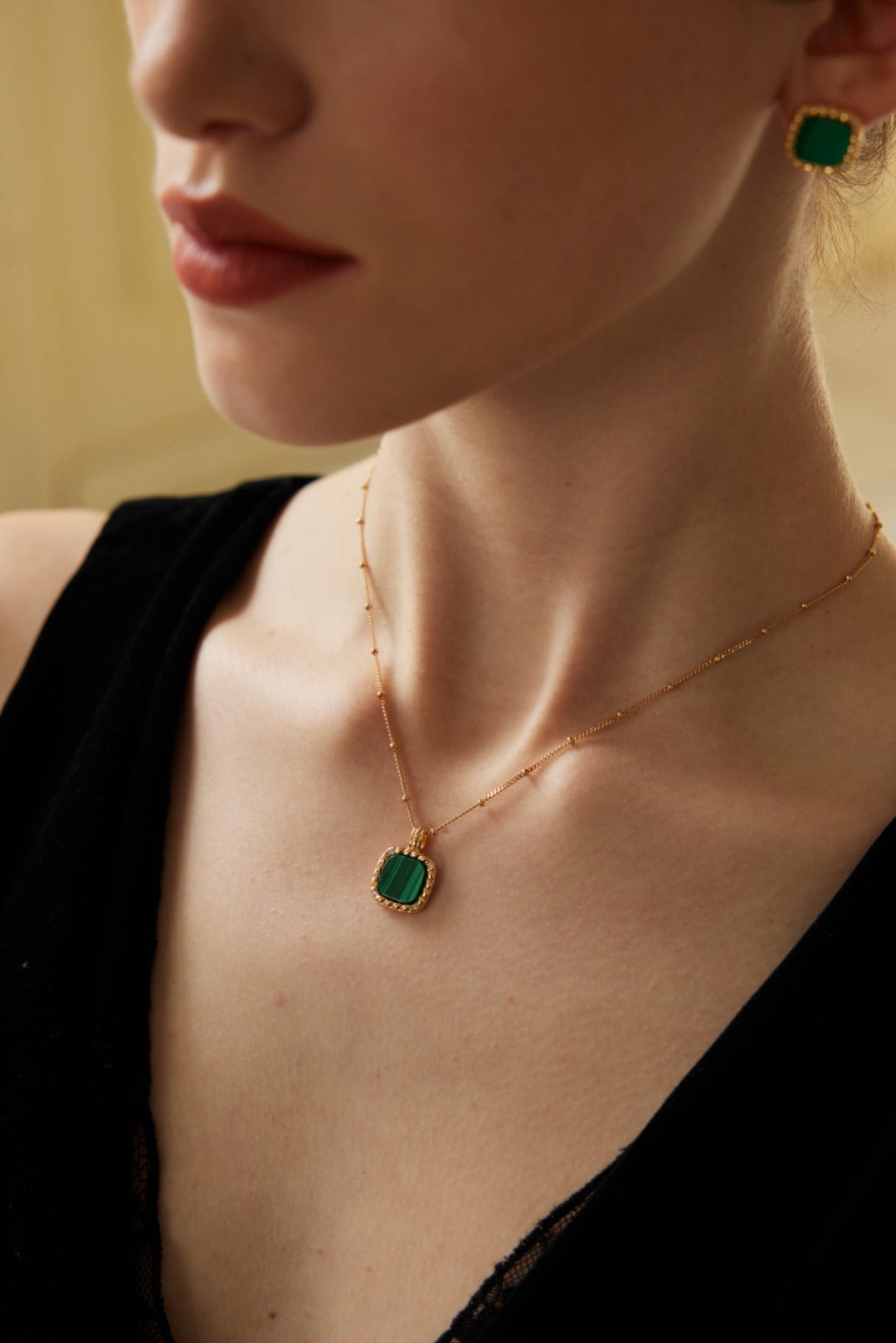 Interstellar Oasis Set | S925 Vintage Gold Zircon Malachite Earrings + Necklace