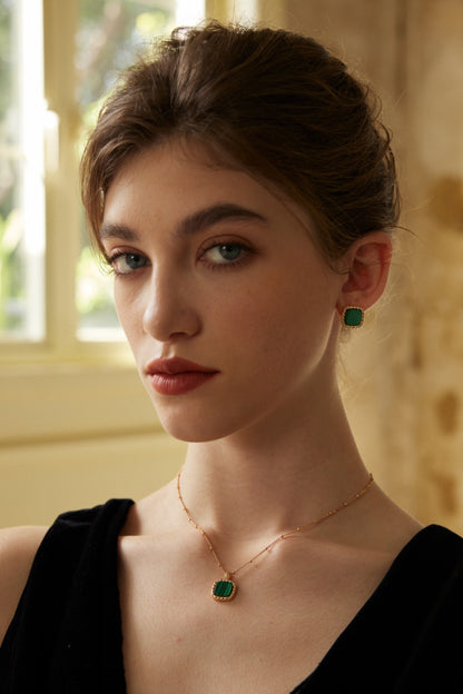 Interstellar Oasis Set | S925 Vintage Gold Zircon Malachite Earrings + Necklace
