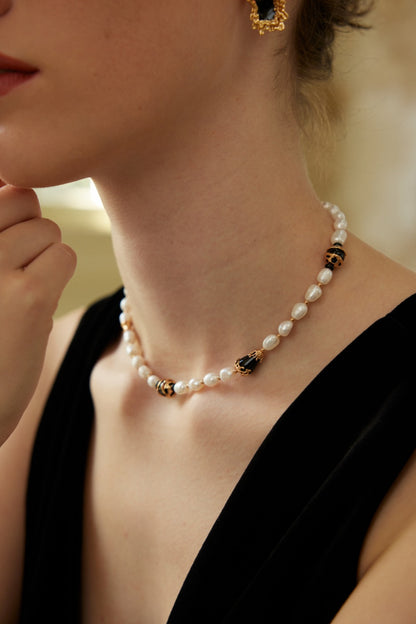 Starry Night Symphony Necklace | S925 Two-tone Natural Pearl Black Agate