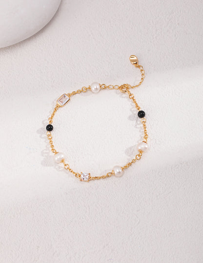 Dark Night Starry River Bracelet | S925 Silver Natural Pearl Black Agate