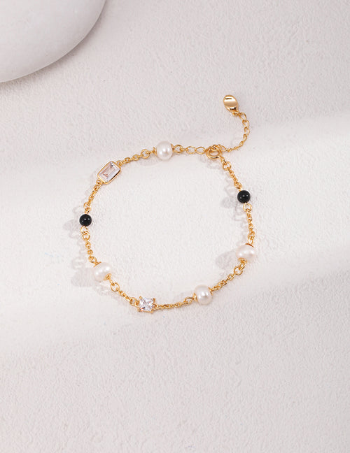 Dark Night Starry River Bracelet | S925 Silver Natural Pearl Black Agate