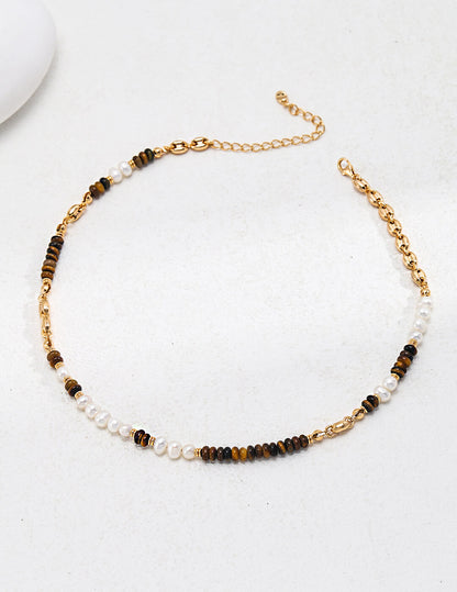 S925 Silver Pearl & Tiger’s Eye Necklace – Vintage Gold Elegance