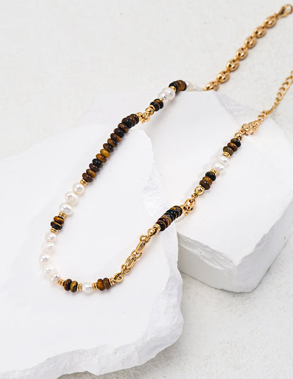 S925 Silver Pearl & Tiger’s Eye Necklace – Vintage Gold Elegance
